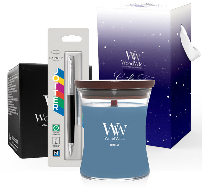 우드윅 미디엄캔들 275g + 파카 조터 오리지널 만년필 마젠타 세트, 템페스트, 네이비(캔들), 블랙(만년필)
