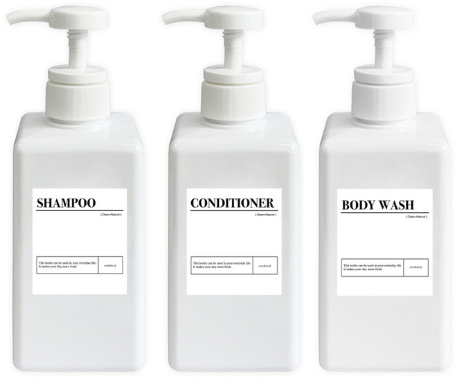 뉴앤룩 욕실 디스펜서 일반형 450ml x 3p + A 라벨 스티커 샴푸 + 스티커 컨디셔너 + 스티커 바디워시 세트, 화이트, 1세트