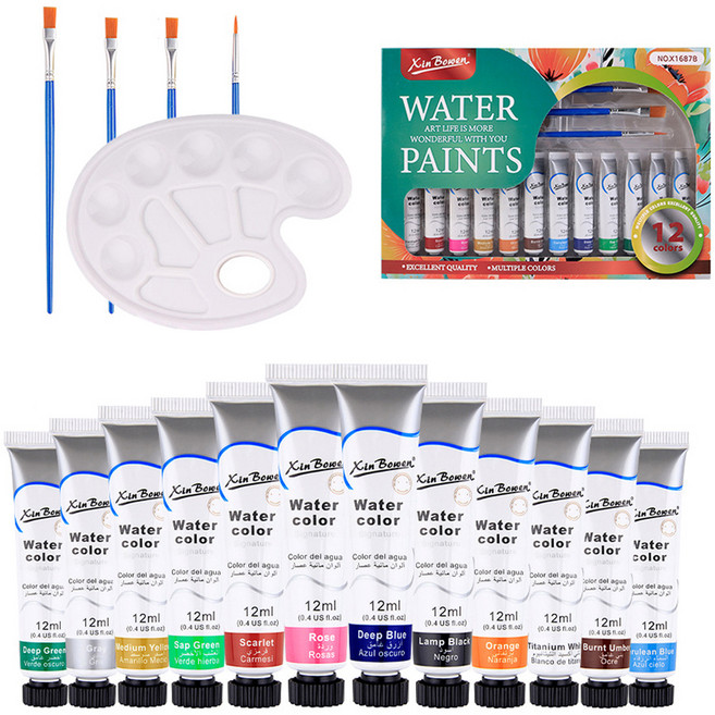신보웬 수채화 물감 12ml + 팔레트 + 붓 세트, 12색