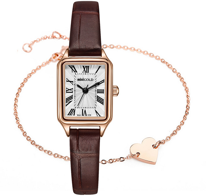 미니골드 여성용 가죽밴드 손목시계 WSB013LW + 하트팔찌 랜덤발송 세트