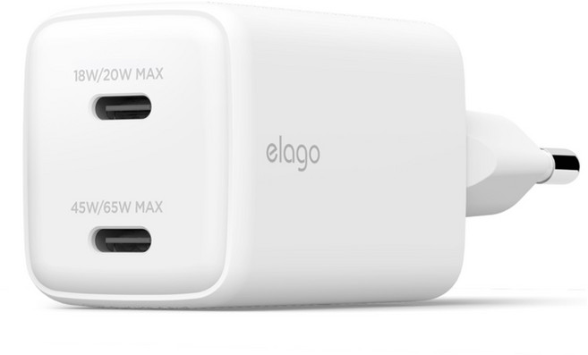 엘라고 65W PD PPS USB-C타입 고속 충전 듀얼 어댑터, 화이트, 1개