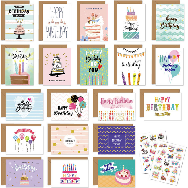 韓國 TITAN 生日祝福留言卡組 卡片 20張 + 信封 20張 + 貼紙 2張 B款, 多色, 1組