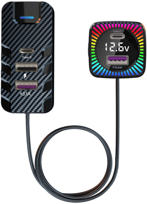 오토크루 차량용 5포트 크리스탈 멀티 시거잭 초고속 충전기 75W, 블랙, AC-DT70