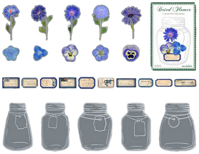 피어니스트 화병 보틀 꽃 다꾸 데코 스티커 세트, 블루, 1세트