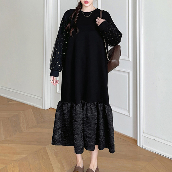 아뗄릭 루즈한 프릴 롱 벨로아 원피스 04950 빅사이즈 포함