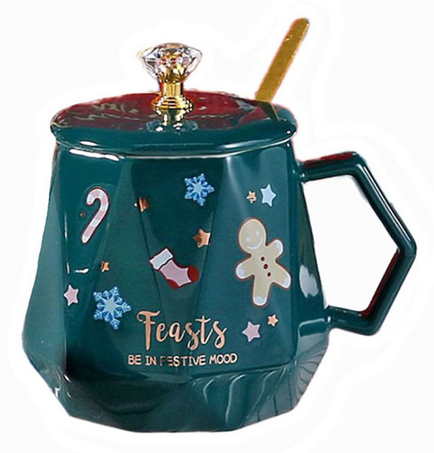 모던지 크리스마스 머그컵 400ml + 숟가락 + 뚜껑 세트 12 x 11.2 cm YJ738, 그린, 1세트