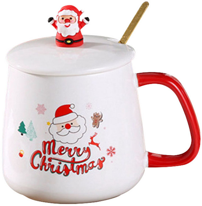 모던지 크리스마스 머그컵 8 x 11.2 x 12.3 cm 400ml + 뚜껑 + 숟가락 세트 YJ737, 화이트D, 1세트