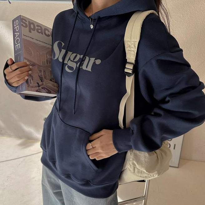 세이스타일 여성용 슈가 레터링 루즈핏 기모 후드 보온 티셔츠