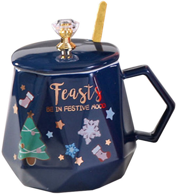 모던지 크리스마스 머그컵 400ml + 숟가락 + 뚜껑 세트 8 x 11.2 x 12.3 cm YJ738, 네이비, 1세트