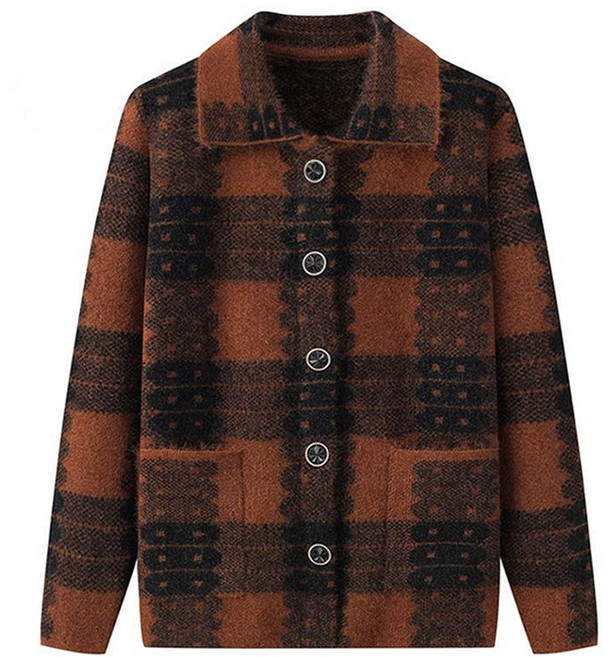 마켓에이 여성용 중년 빅버튼 카라 패턴 가디건 T24FW3-A1291