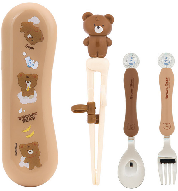 릴팡 유아용 더맥스 식기세트 LF8607, 브라운베어, 젓가락 + 스푼 + 포크 + 케이스, 1개