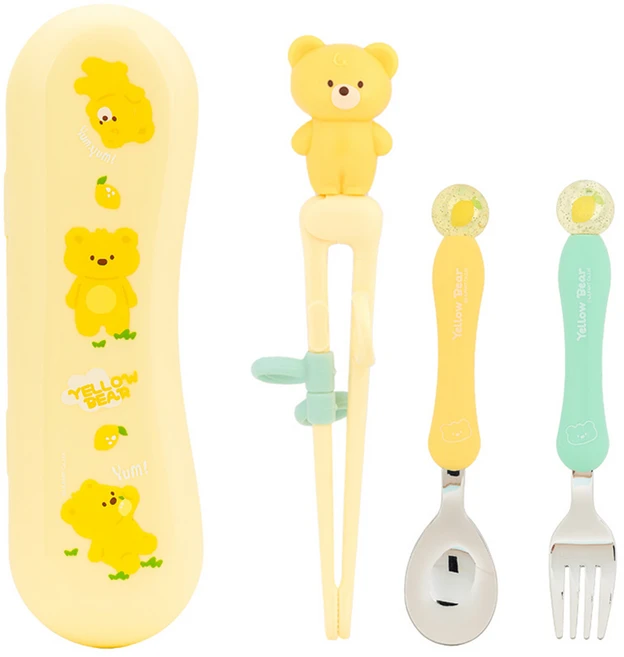 릴팡 유아용 더스틱 맥스 수저세트 LF8606, 옐로우베어, 젓가락 + 스푼 + 포크 + 케이스, 1세트 - 쿠팡