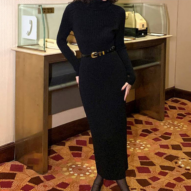 비비에모 슬림핏 목폴라 골지 이너 롱 원피스 08504