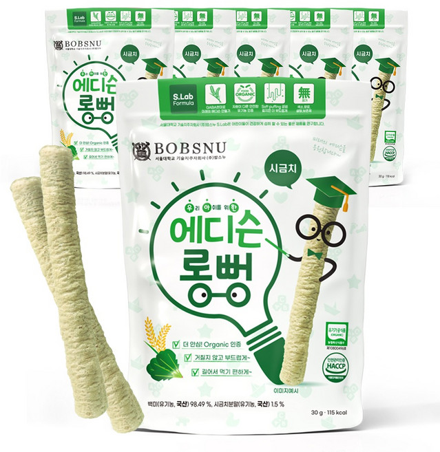 서울대밥스누 우아한 유기농 에디슨롱뻥 과자, 시금치맛, 30g, 6개