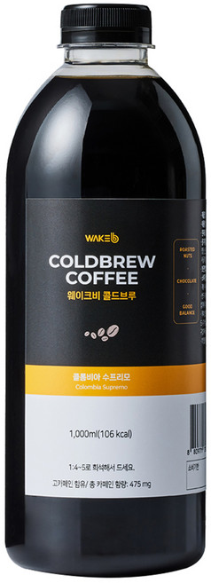 웨이크비 콜드브루 원액 액상 더치 커피 콜롬비아, 1L, 1개입, 1개