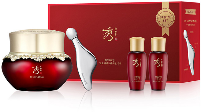 Sooryehan 秀雅韓 百酵秘淡系列發酵眼霜 50ml+化妝水 20ml+乳液 20ml+面部按摩器組, 1組