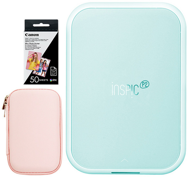 캐논 인스픽 P2 포토프린터 휴대용 + 인화지 60p + 케이스 세트, 라이트블루(포토프린터), 랜덤발송(케이스), 인스픽 P2 라이트블루