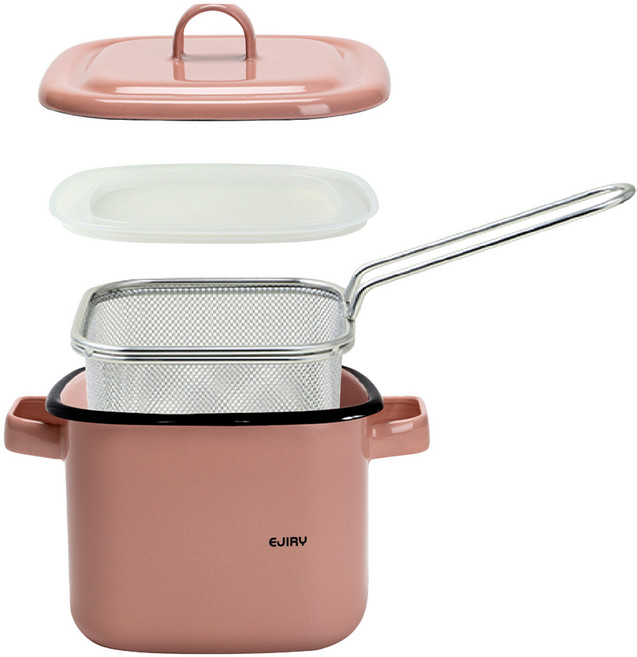 에지리 인덕션 레모 법랑냄비 스퀘어팟 + 튀김망 세트, 14cm, 로지핑크, 1세트