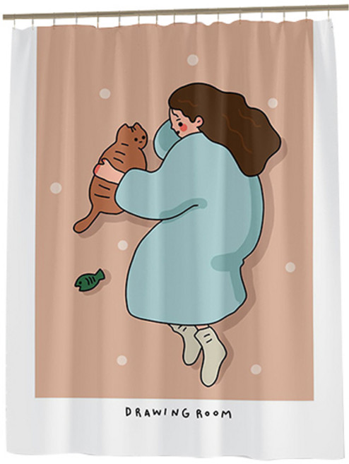 마켓감성 유러피언 드로잉 방수 샤워커튼, 고양이와소녀, 1개