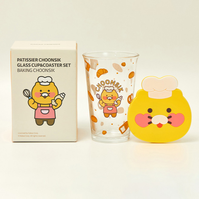 카카오프렌즈 춘식이 파티시에 글라스 유리컵 360ml + 코스터 세트, 제빵춘식, 1세트