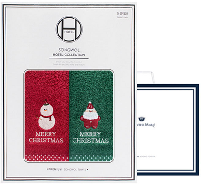 송월타월 크리스마스 캐롤 세면타월 130g 30수 면사 2p 선물세트 + 쇼핑백, 랜덤 발송, 1세트