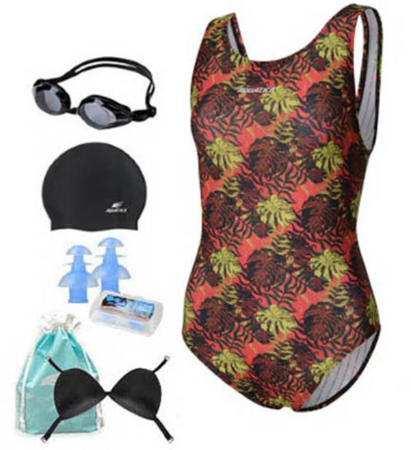 아쿠아티카 여성용 실내수영복 AQA1479 + 일반용 수경 + 실리콘 수모 + 실리콘 귀마개 + 언더브라 + 비닐백 세트