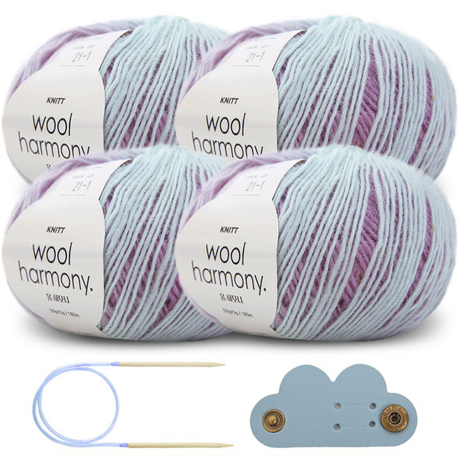 니뜨 울하모니 뜨개실 50g x 4p + 줄바늘 4mm + 케이블 홀더 세트, 1세트, 21 스카이라벤다핑크(뜨개실)