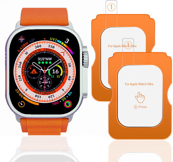 클로버나인 클로버 글라스 애플워치 울트라 호환 9H 풀커버 강화유리 이지가이드 액정보호필름 49mm 2매, 투명, 1세트