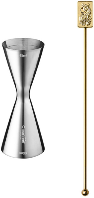 까사베니 홈텐딩 칵테일 올스텐 계량 지거 45ml / 60ml + 사각 머들러 세트, 골드(머들러), 1세트