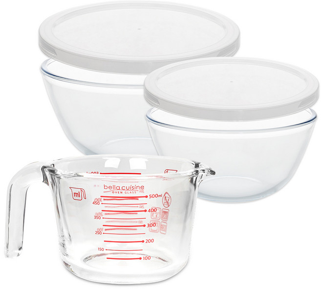 벨라쿠진 오븐글라스 내열유리 3종 세트, 1세트, 계량컵 500ml + 믹싱볼1.5L + 믹싱볼2.5L
