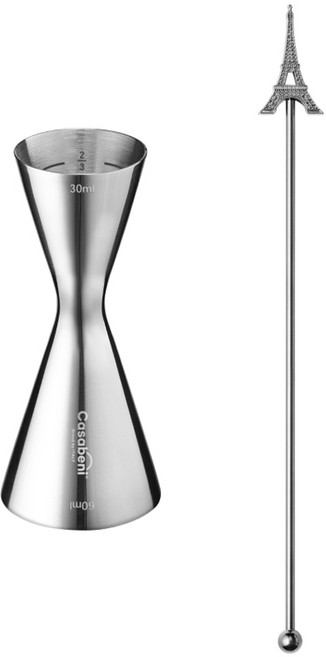 까사베니 홈텐딩 칵테일 올스텐 계량 지거 30ml / 60ml + 에펠 머들러 세트, 실버(머들러), 1세트