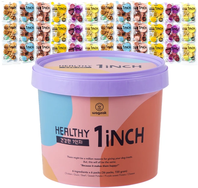 와그작 반려동물 건강한 1인치 버라이어티팩 건조간식 36p, 혼합맛(닭고기/오리고기/소고기/고구마/치즈/자색고구마/야채), 720g, 1세트 - 쿠팡