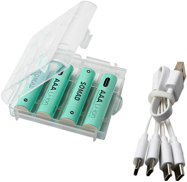 소매드 USB C타입 충전식 리튬이온 AAA 배터리 4p + 케이블 + 케이스 세트, 1세트, 4개입