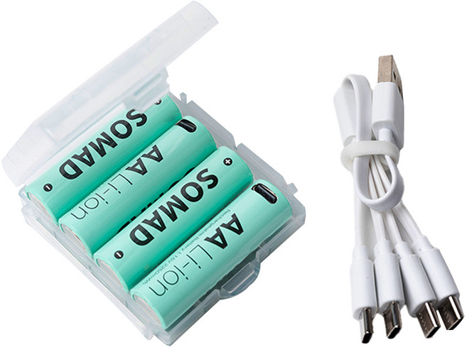 소매드 USB C타입 충전식 리튬이온 AA 배터리 4p + 케이블 + 케이스 세트, 1세트, 4개입