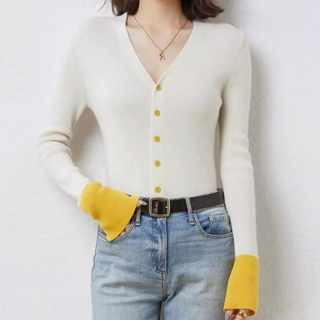 페이퍼먼츠 여성용 베일 브이넥 배색 단추 슬림 가디건 12626
