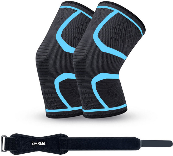 관절사랑 다름 올인원 타이트 헬스 등산 무릎 보호대 슬리브형 2p + 일자형 스트랩 세트, 1세트, 블루 + 블랙