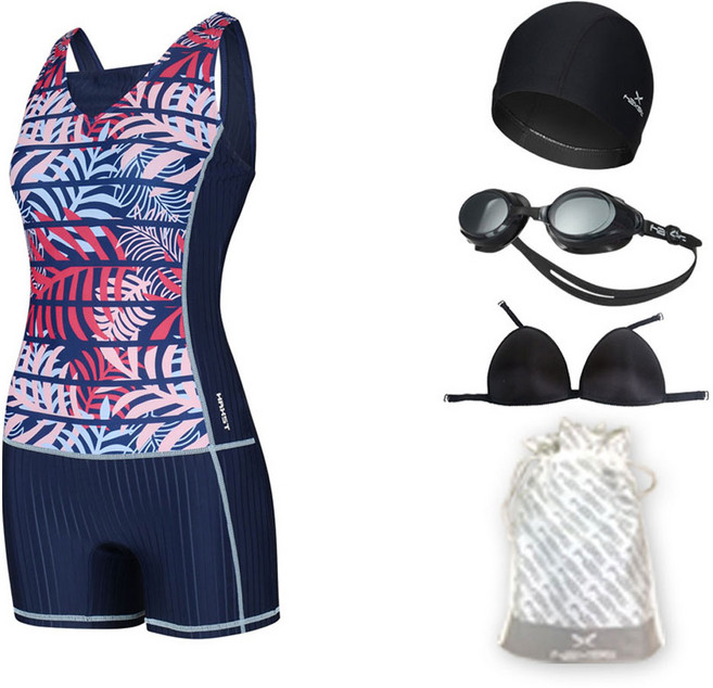 헤스트 여성용 아쿠아로빅 실내수영복 SIHTA-W07 + 수경 + 수모 + 브라캡 + 비닐 파우치 세트