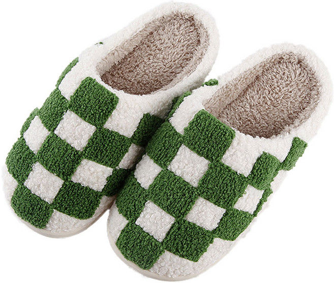 에버하우스 체크패턴 털 실내화 슬리퍼, 그린, 1개