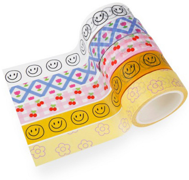 인디케이 스마일 마스킹 테이프 5종 1.5cm x 5m, 혼합색상, 1세트