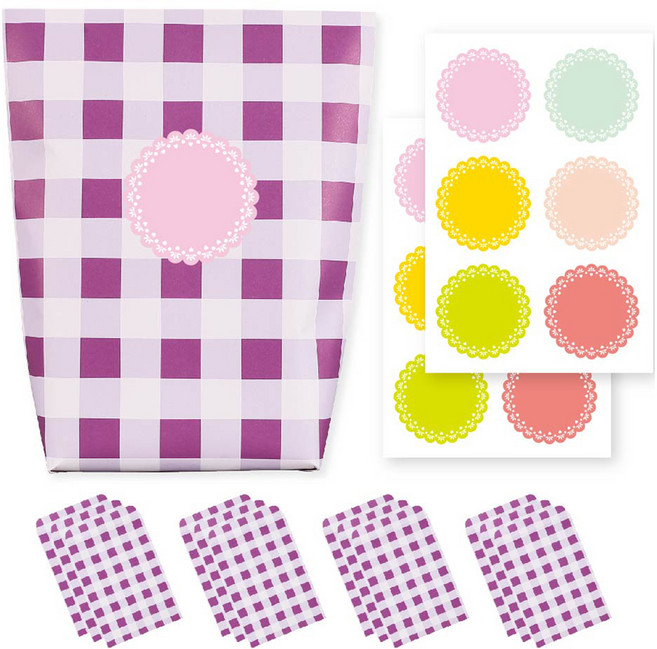 체크 종이 포장지 포장봉투 퍼플 12p + 스티커 6종 x 2p 세트, 혼합색상, 1세트