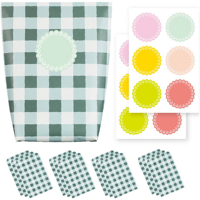 체크 종이 포장지 포장봉투 그린 12p + 스티커 6종 x 2p 세트, 혼합색상, 1세트