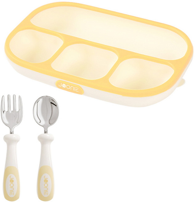 주니 실리콘 흡착식판 + 스테인레스 스푼 + 포크 + 케이스 세트, 옐로우, 1세트