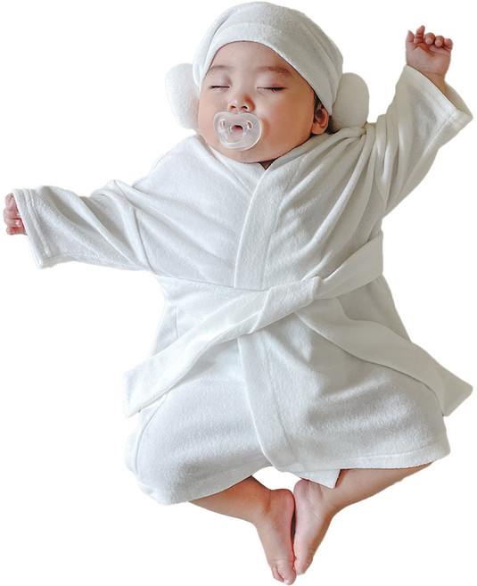 유아용 소프트 대나무 밤부 타올 가운 + 양머리 + 허리끈 세트 S, 화이트, 1세트