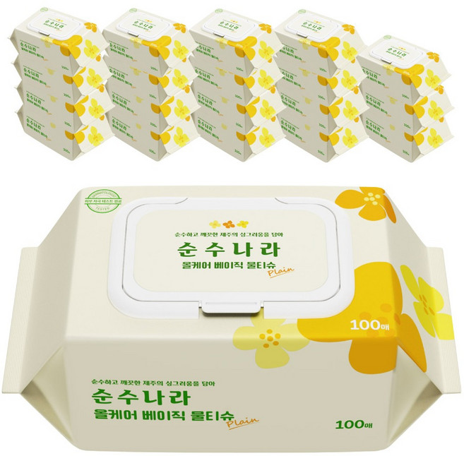 순수나라 올케어 베이직 물티슈 캡형, 혼합색상, 20개, 40g, 100매