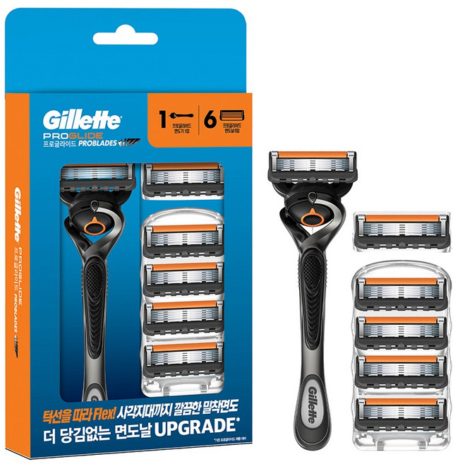 질레트 정품 프로글라이드 매뉴얼 면도기 세트, 면도기 핸들 + 면도날 6p, 1세트