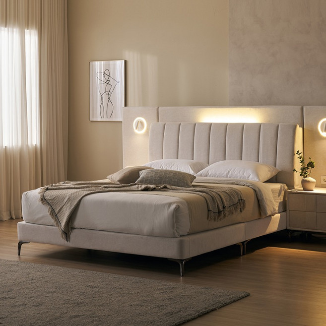 우아미 선 호텔식 조명 패브릭 침대 프레임 침대해드 방문설치, 아이보리