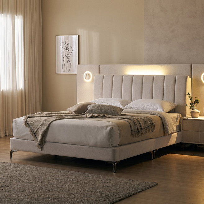 우아미 선 호텔식 조명 패브릭 침대 프레임 Q/K + 매트리스 미디엄소프트 Q + 사이드패널1 세트 방문설치, 아이보리