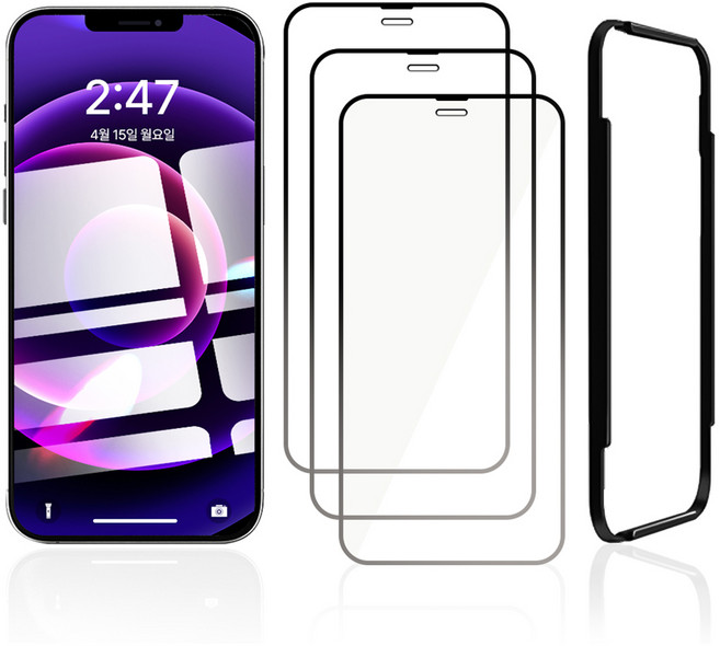 클로버나인 클로버 글라스 강화유리 고경도 풀커버 휴대폰 액정보호필름 3p + 간편 부착가이드 툴 세트, 1세트