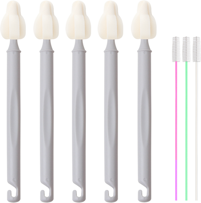 하이비 젖병 젖꼭지 세척솔 몽글이 롱 미니솔 5p + 빨대솔 3p 세트, 1세트, 라이트그레이