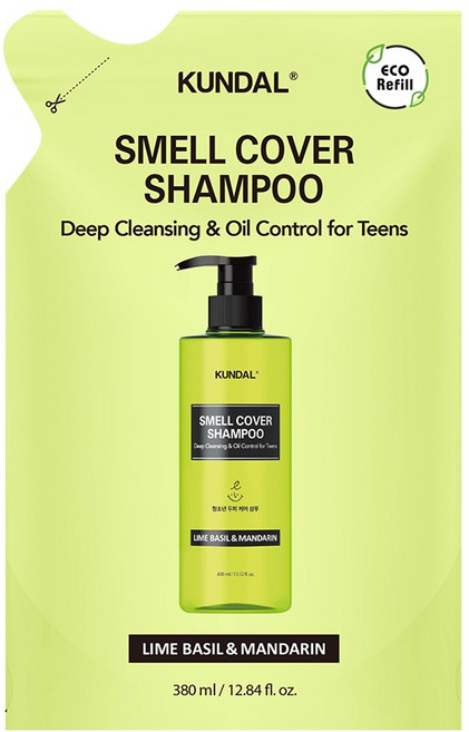 KUNDAL 昆黛爾 青少年適用Smell Cover深層清潔控油洗髮精補充包 青檸羅勒&柑橘香, 380ml, 1包